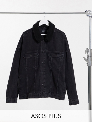 Asos Design Plus Oversized Denim Jacket With Detachable Sherpa Collar In Washed Black