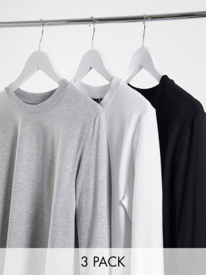 Asos Design 3 Pack Muscle Fit Long Sleeve T-shirt With Crew Neck