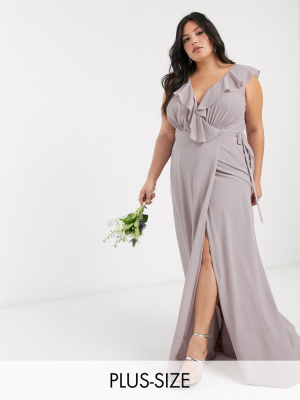 Tfnc Plus Bridesmaid Ruffle Detail Maxi Dress With Thigh Split In Gray