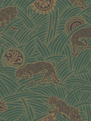 Tibetan Tigers Wallpaper In Green, Black, And Gold From The Tea Garden Collection By Ronald Redding For York Wallcoverings