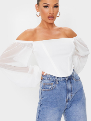 White Crepe Bardot Chiffon Sleeve Crop Top