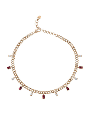 Mini Alternating Diamond & Ruby Link Necklace - Rose Gold