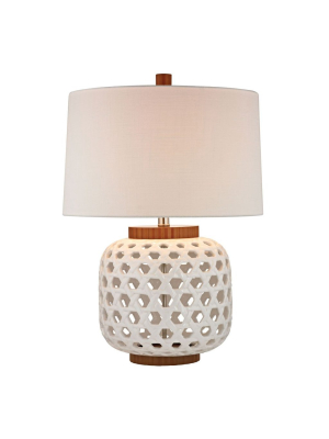 Woven Ceramic Table Lamp In White And Wood Tone Design By Lazy Susan