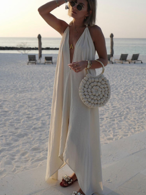 Flirty Backless Deep V Neck Halter Beach Midi Dress