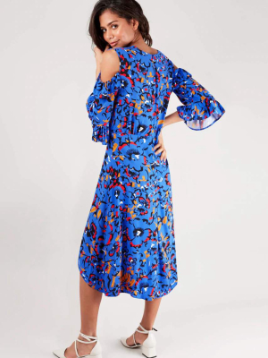 Blue Floral Cold Shoulder A-line Wrap Dress