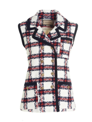 Gucci Check Pattern Tweed Sleeveless Jacket