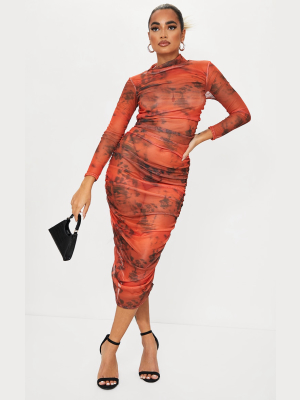 Petite Rust Acid Wash Ruched Meshed Midi Dress