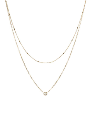 14k Gold Layered Tiny Bar Chain And Floating Diamond Necklace