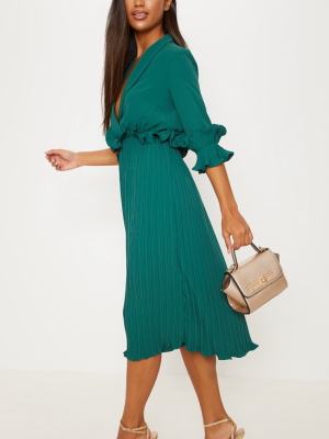 Emerald Green Frill Detail Pleated Midi Dress