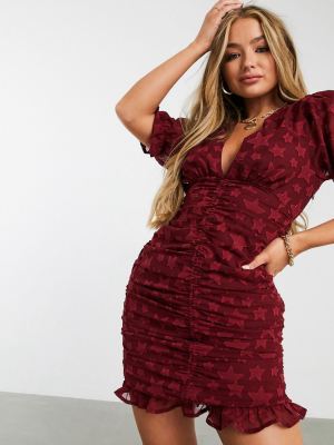 Asos Design Ruched Mini Body-conscious Dress In Star Dobby In Oxblood