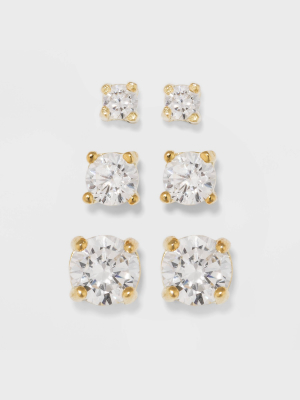 Gold Over Sterling Silver Cubic Zirconia Stud Fine Jewelry Earring Set 3pc - A New Day™ Gold/clear