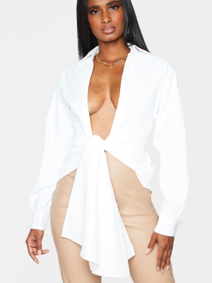 White Woven Ruched Tie Front Plunge Shirt