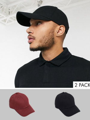 Asos Design 2 Pack Baseball Cap In Black & Burgundy Save