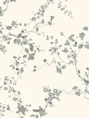 Mea Cottage Floral Wallpaper In White, Metallic, And Black By Bd Wall