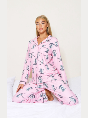 Pink Skiing Yeti Print Button Down Long Pj Set