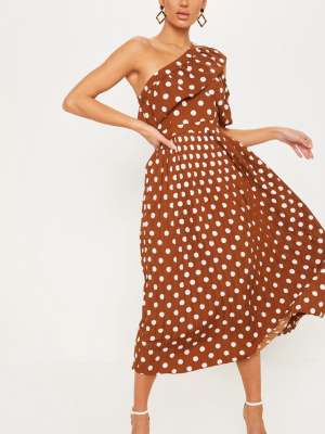 Chocolate Polka Dot One Shoulder Ruffle Detail...