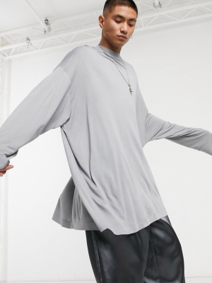 Asos Design Extreme Oversized Super Long Line Long Sleeve Viscose T-shirt In Gray