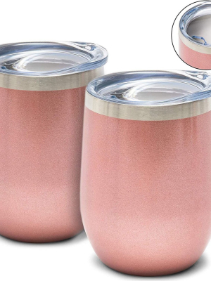 2-pack Rose Gold 12-ounce Insulated Stainless Steel Travel Coffee Mugs With Lids 3.5”x4.5”