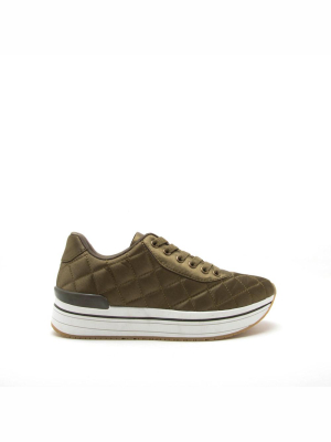 Tweed-02 Khaki Quilted Platform Lace Up Sneaker