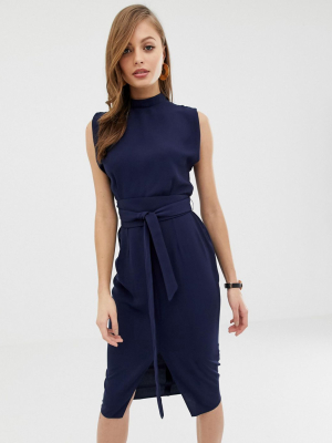 Asos Design Split Sleeve Midi Dress With Obi Belt In Navy