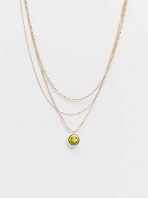 Asos Design Multi Strand Necklace With Happy Face Pearl Pendant In Gold Tone