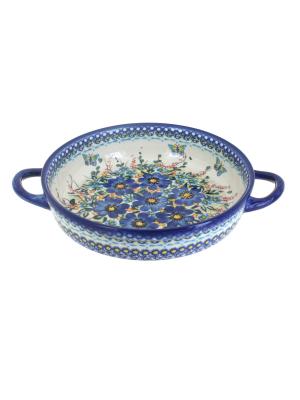 Blue Rose Polish Pottery Garden Of Blue Small Round Baker With Handles