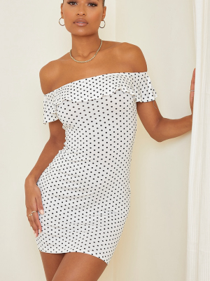 White Polka Dot Bardot Frill Detail Bodycon Dress