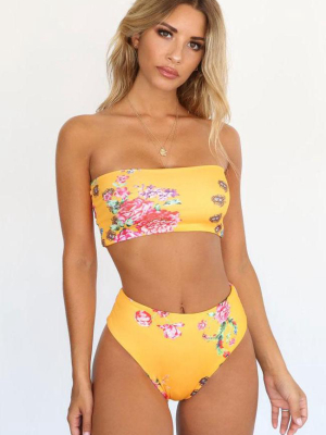 High Leg High Waisted Floral Bandeau Bikini Swimsuit - Two Piece Set