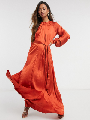 Asos Design Satin Pleated Trapeze Maxi Dress With Belt In Rust