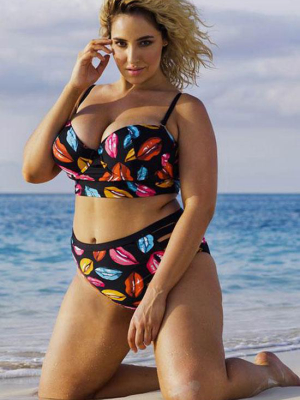 Plus Size Colorful Lips Sweetheart Bandeau Bikini Swimsuit - Two Piece Set