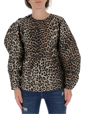 Ganni Leopard Print Open-back Puff-sleeve Blouse