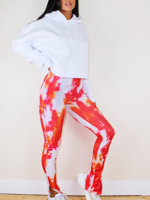 Petite Red Tie Dye Ribbed Split Hem Legging