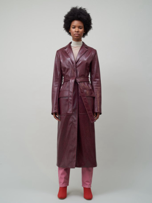 Belted Trench Coat - Burgundy Faux Snakeskin