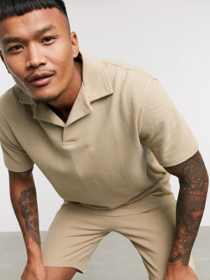 Asos Design Two-piece Relaxed Pique Revere Polo In Beige