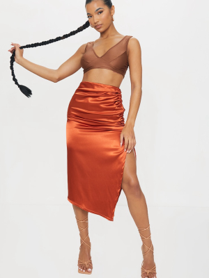 Rust Ruched Front Satin Midi Skirt