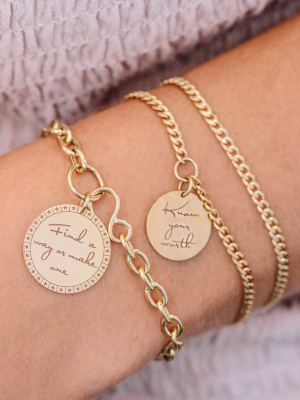 14k Small Mantra Charm Curb Chain Bracelet