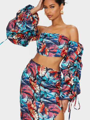 Multi Butterfly Print Woven Ruched Sleeve Crop Top