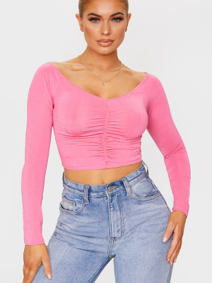 Hot Pink Slinky Ruched Front Long Sleeve Crop Top