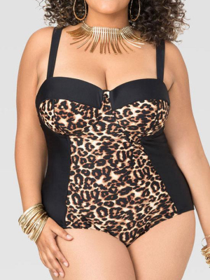 Plus Size Leopard Underwired Bandeau One Piece Swimsuit