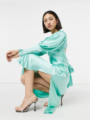 Asos Design Satin Puff Sleeve Bias Midi Dress In Mint Green