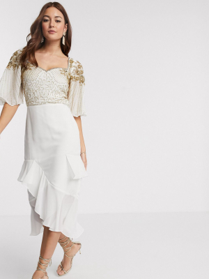 Virgos Lounge Embellished Midi Dress With Flutter Sleeve And Ruffle Skirt In Ivory