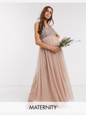 Maya Maternity Bridesmaid Sleeveless Square Neck Maxi Tulle Dress With Tonal Delicate Sequin Overlay In Taupe Blush