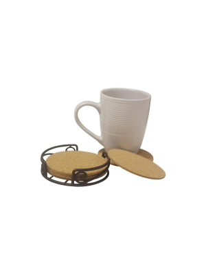 Home Basics Natural Cork 6 Piece Coaster Set With Scroll Collection Steel Holder