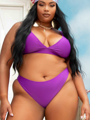 Plus Purple Basic Plunge Elasticated Hem Bikini...