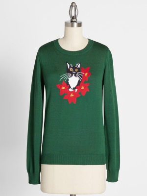 Purring In Poinsettia Graphic Pullover Sweater