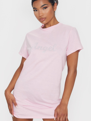 Baby Pink Diamante Angel Slogan T Shirt Dress