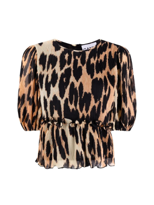 Ganni Leopard Print Pleated Georgette Blouse