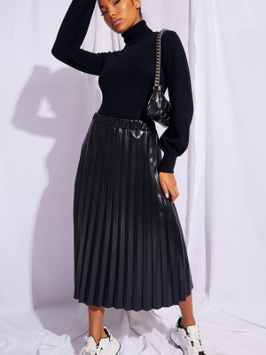 Black Pleated Faux Leather Midi Skirt