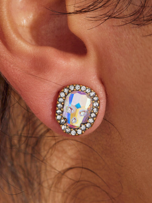 Crystal Pave Skull Stud Earrings In Aurora Borealis