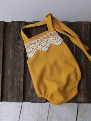 Bohemian Stitch Romper With Lace - Textured - Mustard